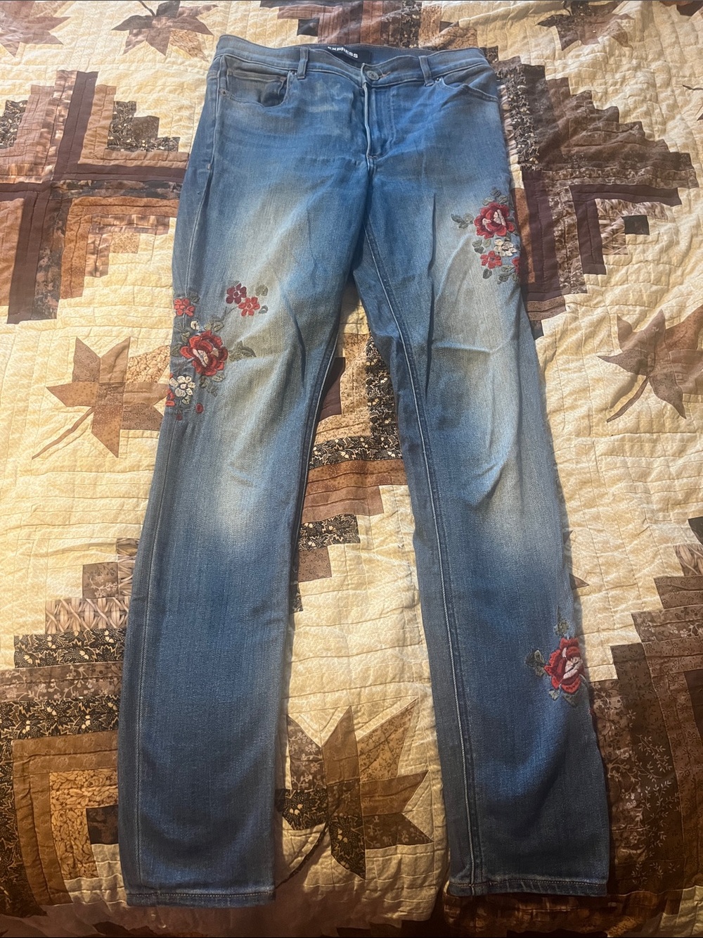 Express Sz 6 Blue Stretch Jeggings High Rise with Red Floral Embroidery